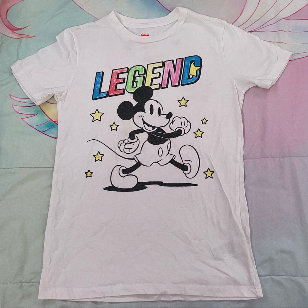 Disney White Tee with Colorful 'Legend' and Mickey Mouse EUC